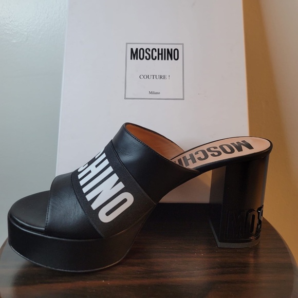Mochino Open Toe Platform Mule Pumps Black leather Size 40 (US Size 10) - Picture 4 of 6